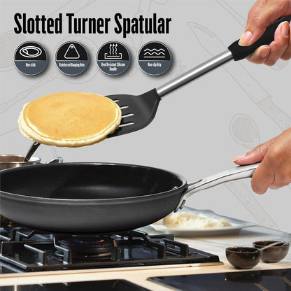 Silicone Spatula Set (2-Pc) - 600°F Heat Resistant, BPA Free, Non-Scratch, Dishwasher Safe I Slotted & Solid Kitchen Spatula Turners I Ideal for Eggs, Pancakes, Fish I Stainless Steel I Gray