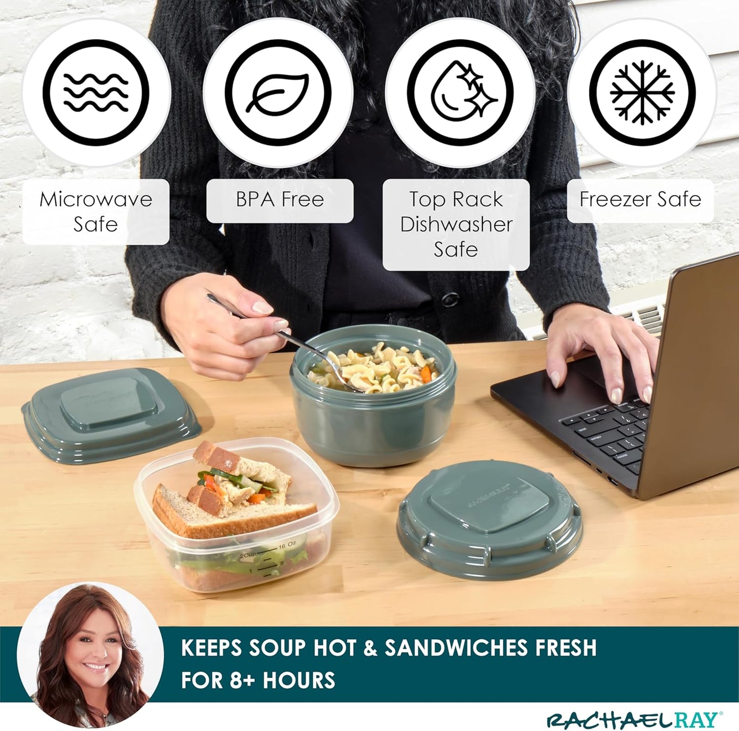 Rachael Ray Salad Container For Lunch, Salad Lunch Container For Adults, Salad Bowl Kit With Compartments For Salad Dressing & Toppings, Includes Ice Pack
