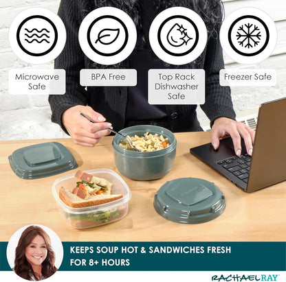 Rachael Ray Salad Container For Lunch, Salad Lunch Container For Adults, Salad Bowl Kit With Compartments For Salad Dressing & Toppings, Includes Ice Pack