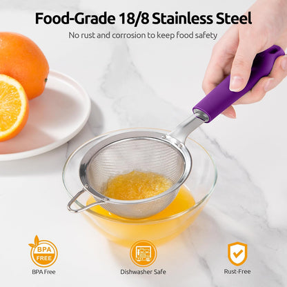 U-Taste Medium Fine Mesh Strainer: 18/8 Stainless Steel 4.73in 30 Mesh Kitchen Food Sieve with Sturdy Riveted Silicone Handle, Heavy Duty Deep Handheld Metal Colander for Rice, Quinoa, Flour (Black)