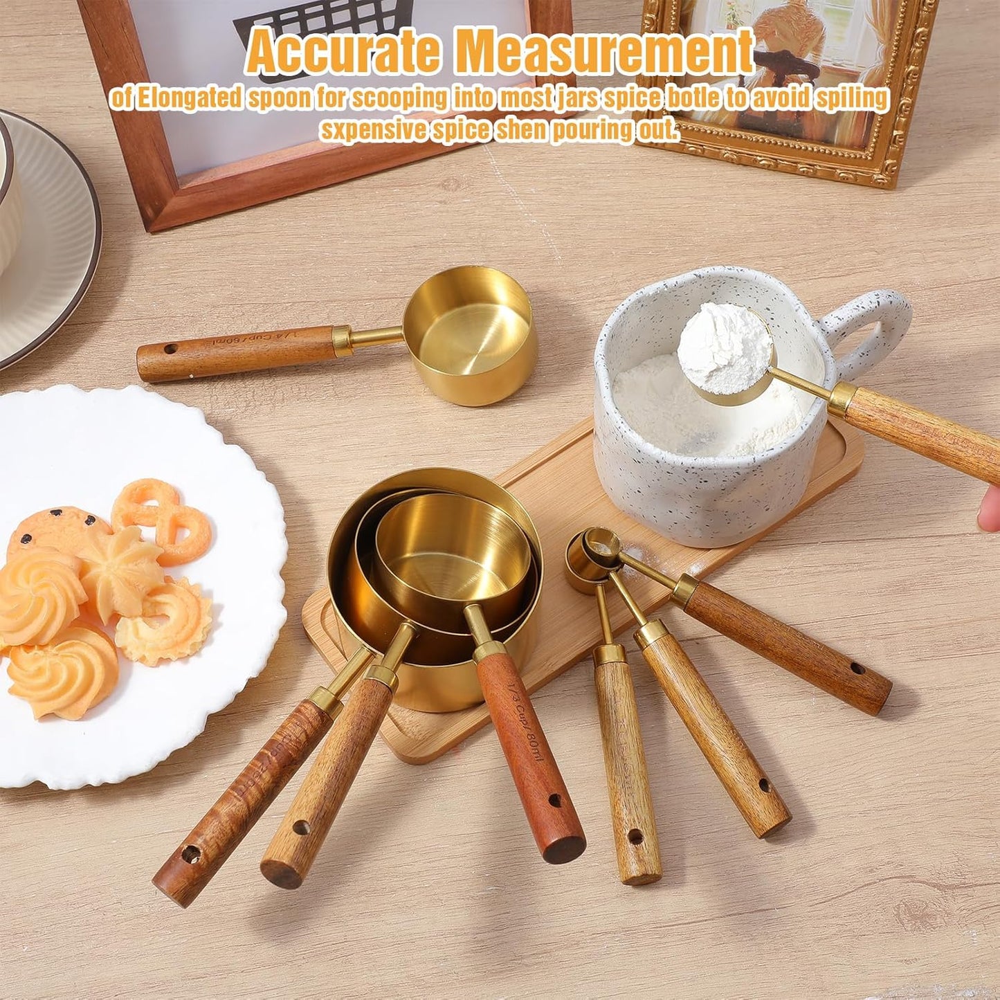 8 Pcs Gold Measuring Cups and Spoons Set, Stainless Steel Measuring Cups with Wood Handles, 4 Stackable Wooden Measuring Cups and 4 Measuring Spoons Set for Kitchen Cooking and Baking