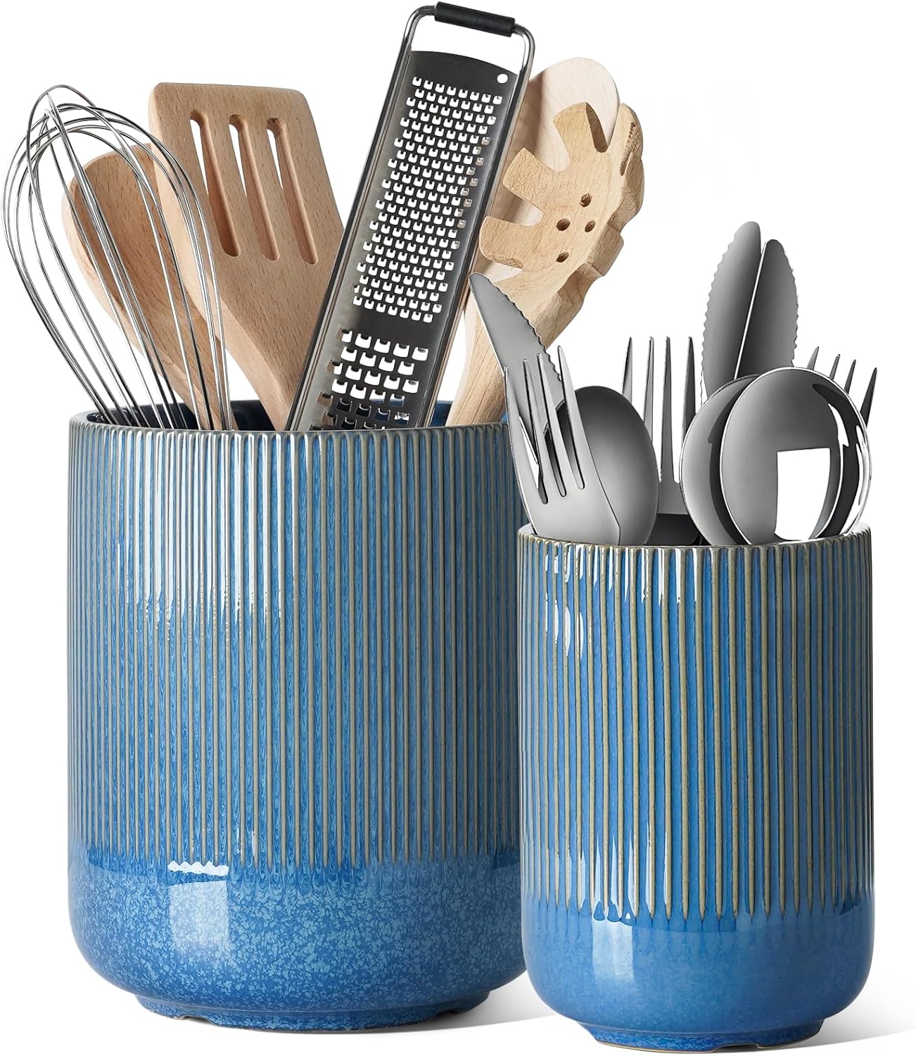 LE TAUCI Utensil Holder for Kitchen Counter, 7.3"+5.4" Fluted Ceramic Utensil Crock Organizer for Countertop, Heavy Large Holder for Spatulas, Spoons, Set of 2, White, Kitchen Counter Decor