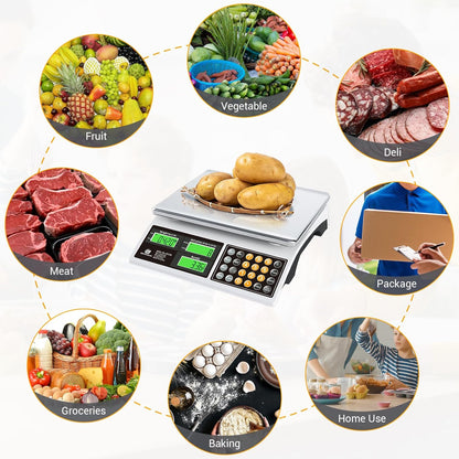 Commercial Food Scale 66lb/30kg, High Precision Digital Price Computing Scale for Farmers Marke, Deli, Dual Backlit LCD Display, Stainless Steel Platform, Rechargeable Battery for Produce Meat