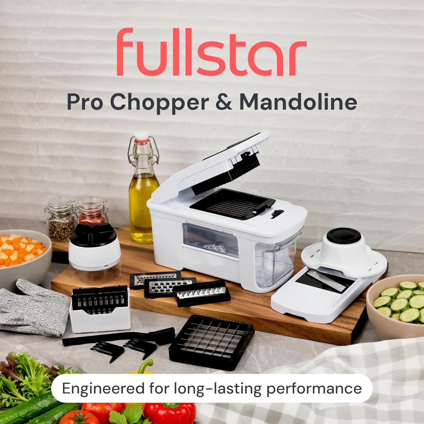 Fullstar XL Vegetable Chopper & Mandoline Slicer – Vegetable, Onion, Potato, Food, Veggie & Fruit Slicer, Dicer & Spiralizer with Pull-Out Catch Tray, Kitchen Gadgets & Gifts (6 in 1, Black/White)