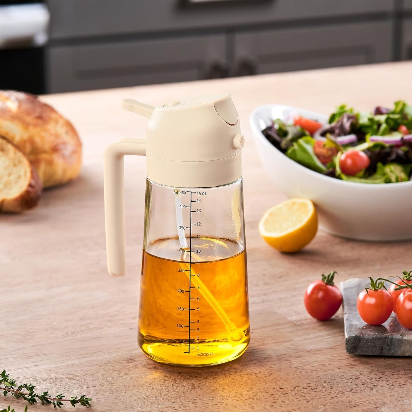 FineDine 16oz Olive Oil Sprayer for Cooking, 2 in 1 Olive Oil Dispenser Bottle for Kitchen, Air Fryer, Salad, BBQ & Baking – Dual Spray Mist & Stream, with Measurement Marks, Black