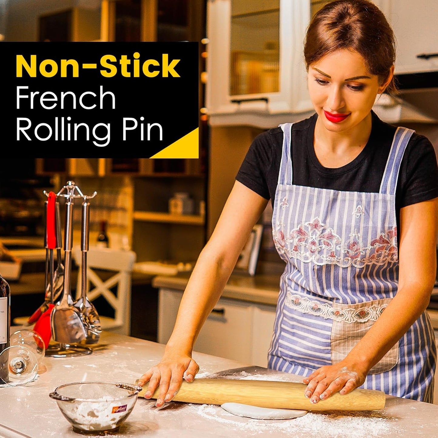 Classic French Rolling Pins Bamboo Wooden Rolling Pin for Baking Pizza Dough Pie Cookie, 13-Inch