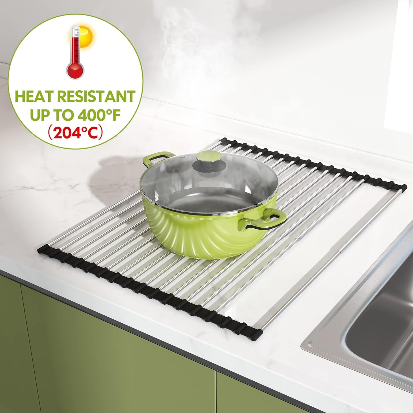 JASIWAY Roll Up Dish Drying Rack, Expandable (12.8"-23.8" D x 12.8" W) Stainless Steel Portable Drainer for Kitchen Sink Counter, Foldable Over The Sink Cover with Removable Utensil Holder