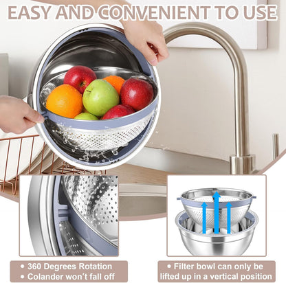 E-far Colander with Mixing Bowl Set, 4-1 Stainless Steel Colander Strainers Bowl with Graters for Kitchen, Rotatable Food Strainer Bowl for Rinsing Fruits Vegetables/Draining Pasta - Blue