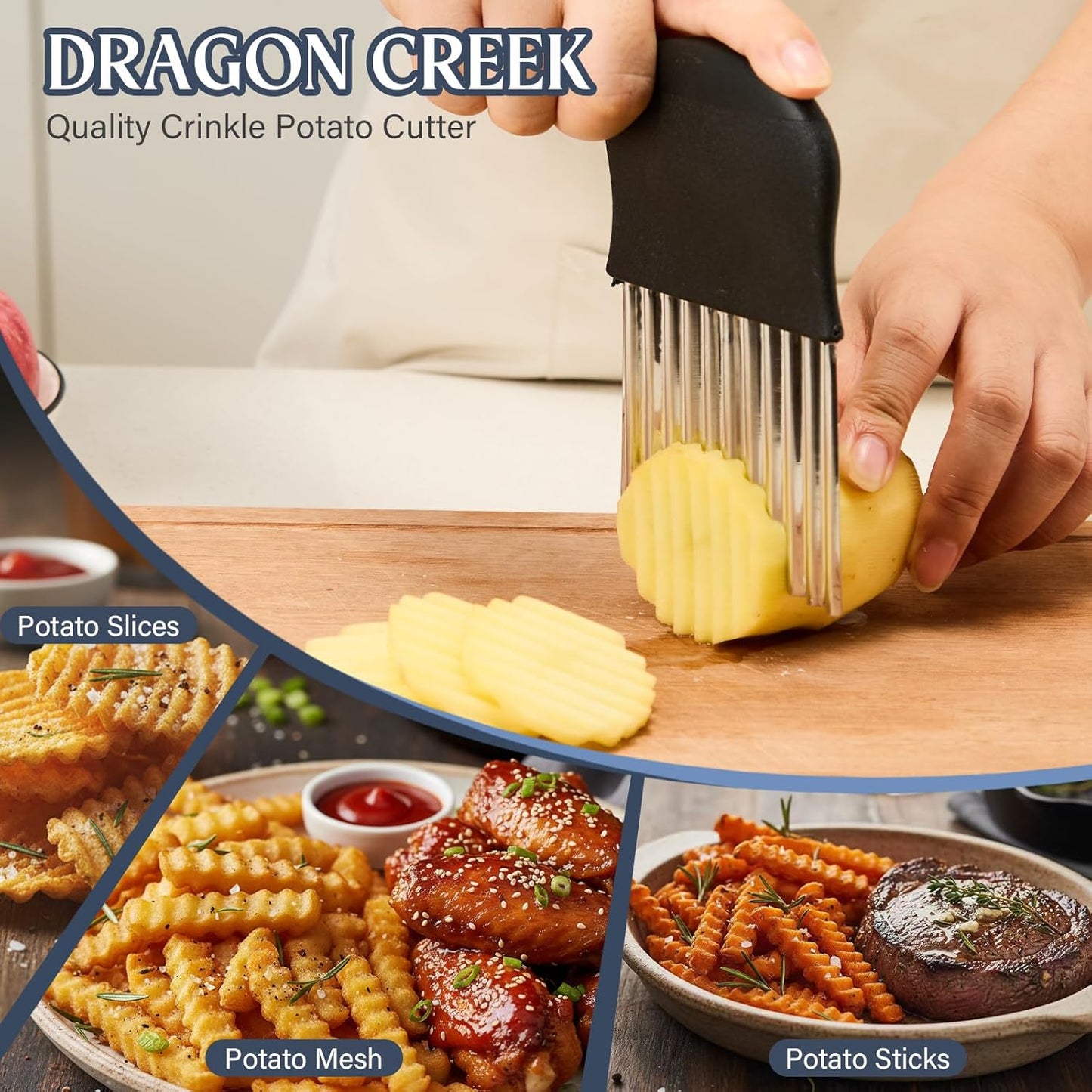 Stainless Steel Crinkle Cutter - Large French Fry Slicer, Potato Knife with Non-Slip Handle, Fruit and Vegetable Wavy Chopper