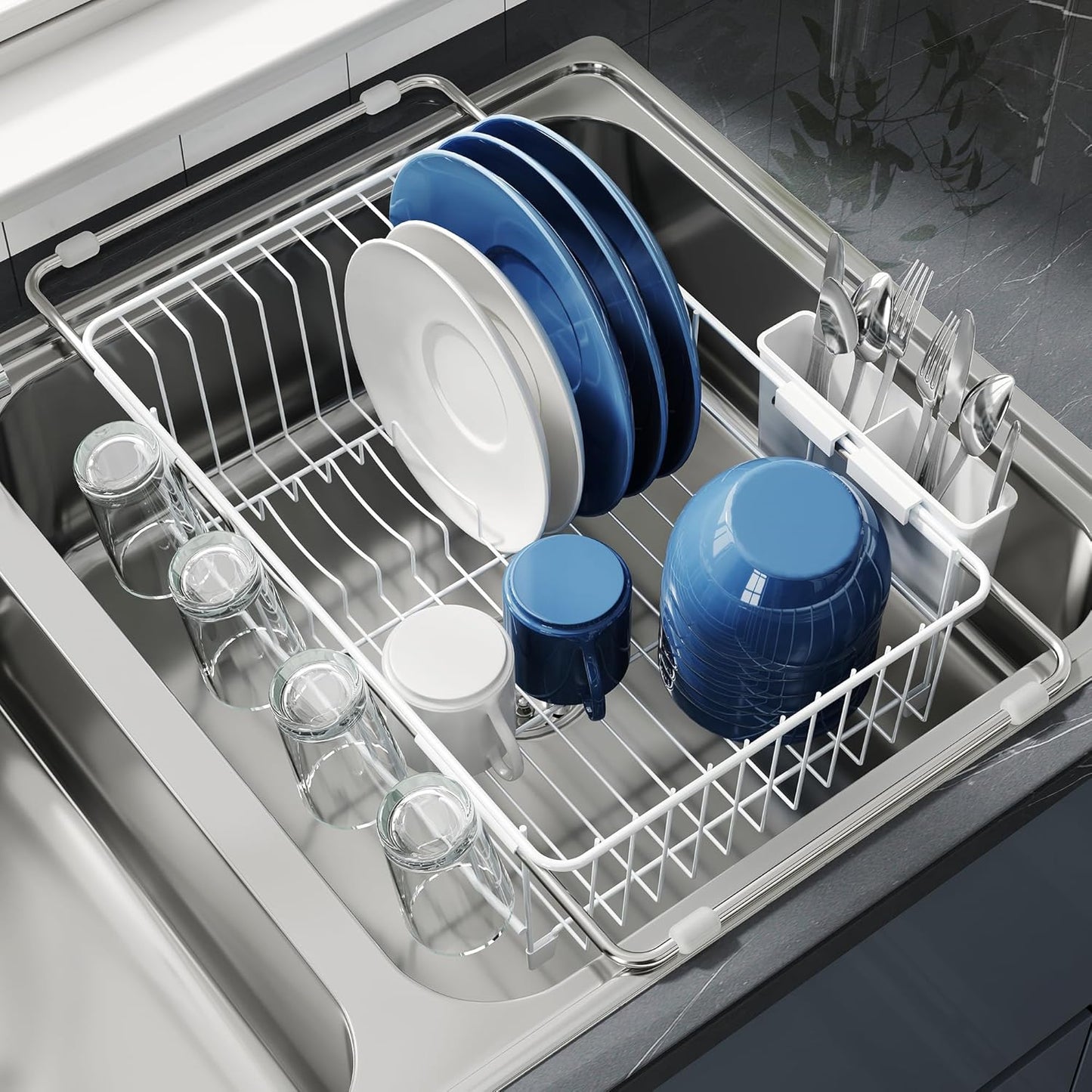 JASIWAY Roll Up Dish Drying Rack, Expandable (12.8"-23.8" D x 12.8" W) Stainless Steel Portable Drainer for Kitchen Sink Counter, Foldable Over The Sink Cover with Removable Utensil Holder