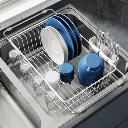 JASIWAY Roll Up Dish Drying Rack, Expandable (12.8"-23.8" D x 12.8" W) Stainless Steel Portable Drainer for Kitchen Sink Counter, Foldable Over The Sink Cover with Removable Utensil Holder