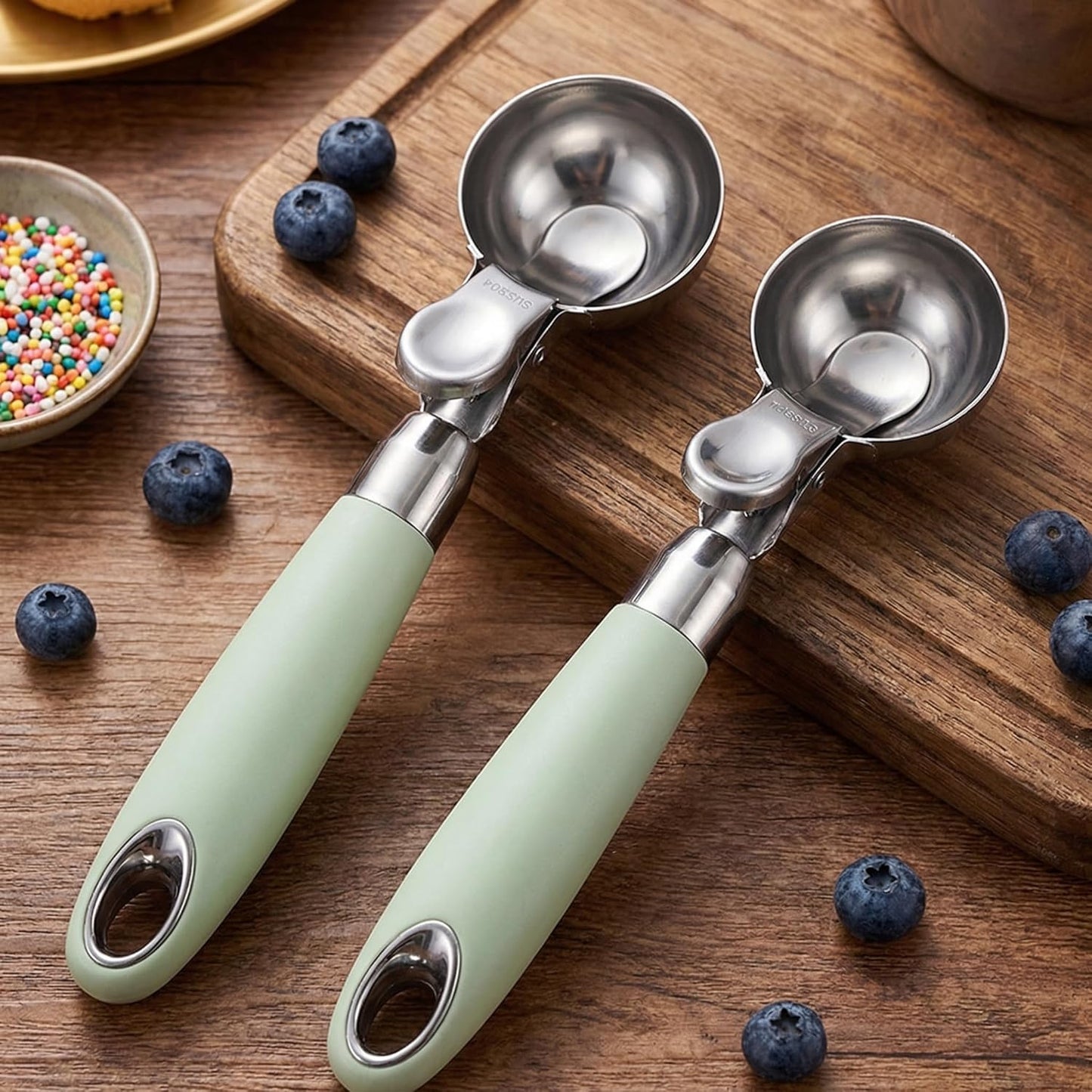 Set of 2 Stainless Steel Ice Cream Scoops - 1.85"x1.85" Deep Scoop with Spring-Loaded Release | Non-Stick Melon Baller for Fruits, Dessert & Cookie Dough