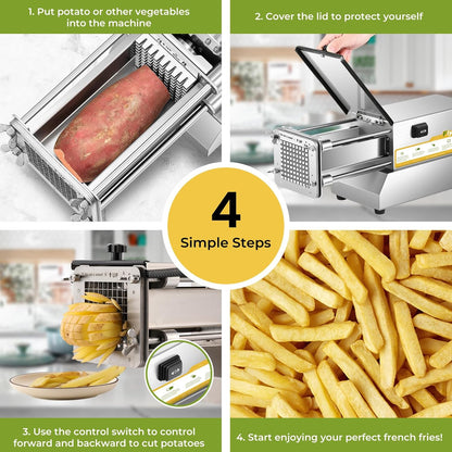 French Fry Cutter Electric Potato Cutter Stainless Steel Professional With 4 Blades For Commercial, Home Use & Cucumbers, Carrots, Sweet Potatoes, Silvery