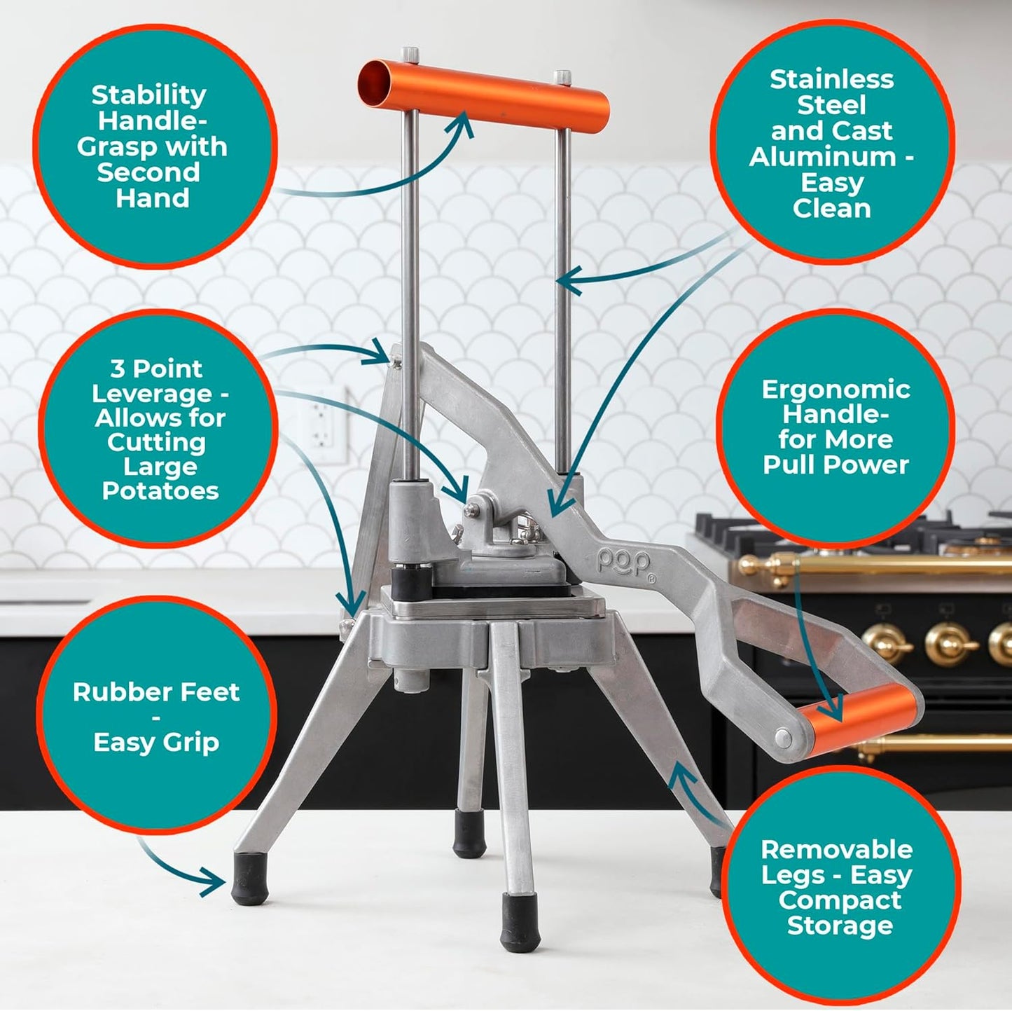 Commercial Grade French Fry Cutter, Sweet Potato & Yam Capable, Removable Legs and Case for Compact Storage, 3 Blade Sizes (1/4"- 3/8"- 6-Wedge), Potato, Fruit and Vegetable Slicer & Dicer by POP
