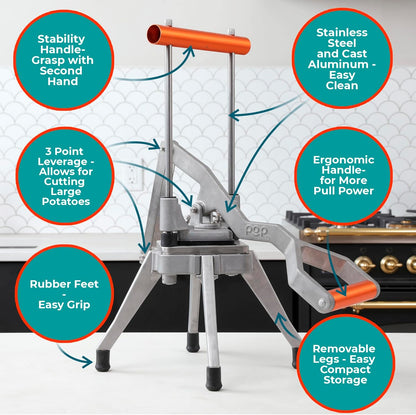 Commercial Grade French Fry Cutter, Sweet Potato & Yam Capable, Removable Legs and Case for Compact Storage, 3 Blade Sizes (1/4"- 3/8"- 6-Wedge), Potato, Fruit and Vegetable Slicer & Dicer by POP