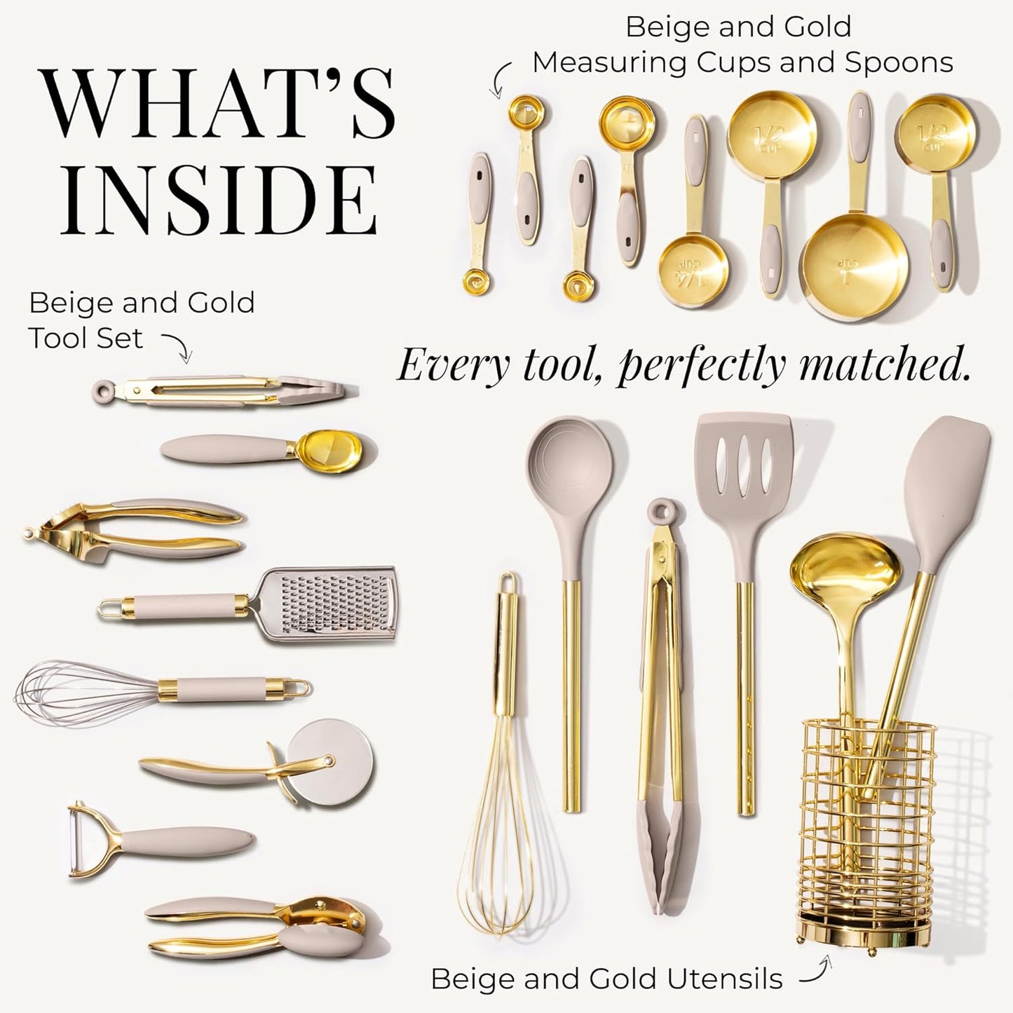 Gold and Beige Kitchen Utensils Set – 8 PC Cooking Gadgets with Mini Gold Whisk and Tongs, Pizza Cutter, Garlic Press, Cheese Grater, Peeler, Can Opener, Scoops – Stylish Beige Kitchen Accessories