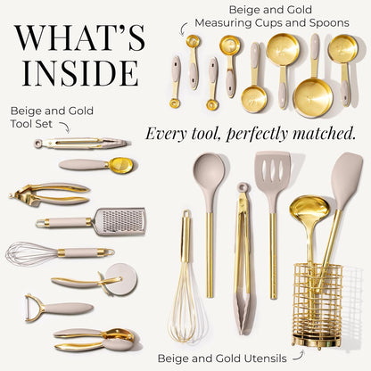 Gold and Beige Kitchen Utensils Set – 8 PC Cooking Gadgets with Mini Gold Whisk and Tongs, Pizza Cutter, Garlic Press, Cheese Grater, Peeler, Can Opener, Scoops – Stylish Beige Kitchen Accessories