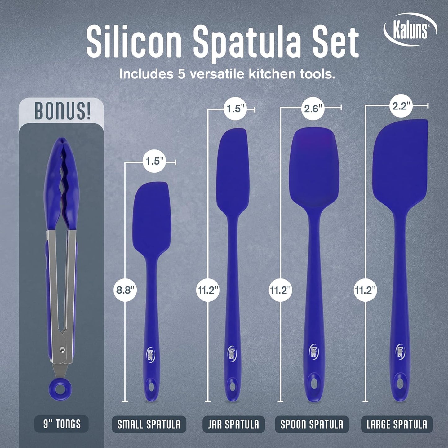 Kaluns Silicone Spatula Set, 4 Rubber Spatulas 600°F Heat Resistant, Nonstick Seamless Design with Stainless Steel Core, Dishwasher Safe, BPA free, Bonus Tongs Included