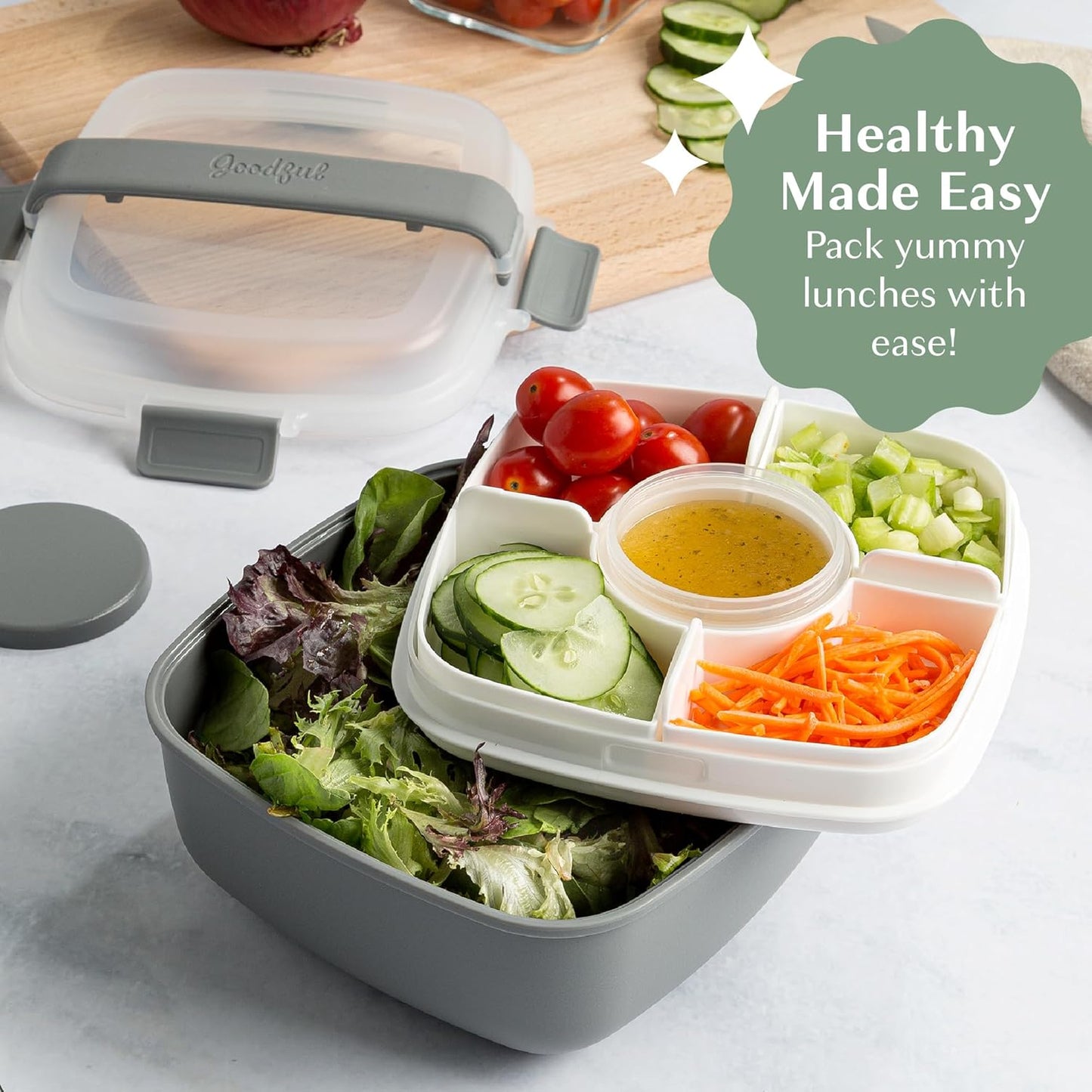 Goodful Stackable Lunch Box Container, Bento Style Food Storage with Removeable Compartments for Sandwich, Snacks, Toppings & Dressing, Leak-Proof and Made without BPA, 56-Ounce, Teal