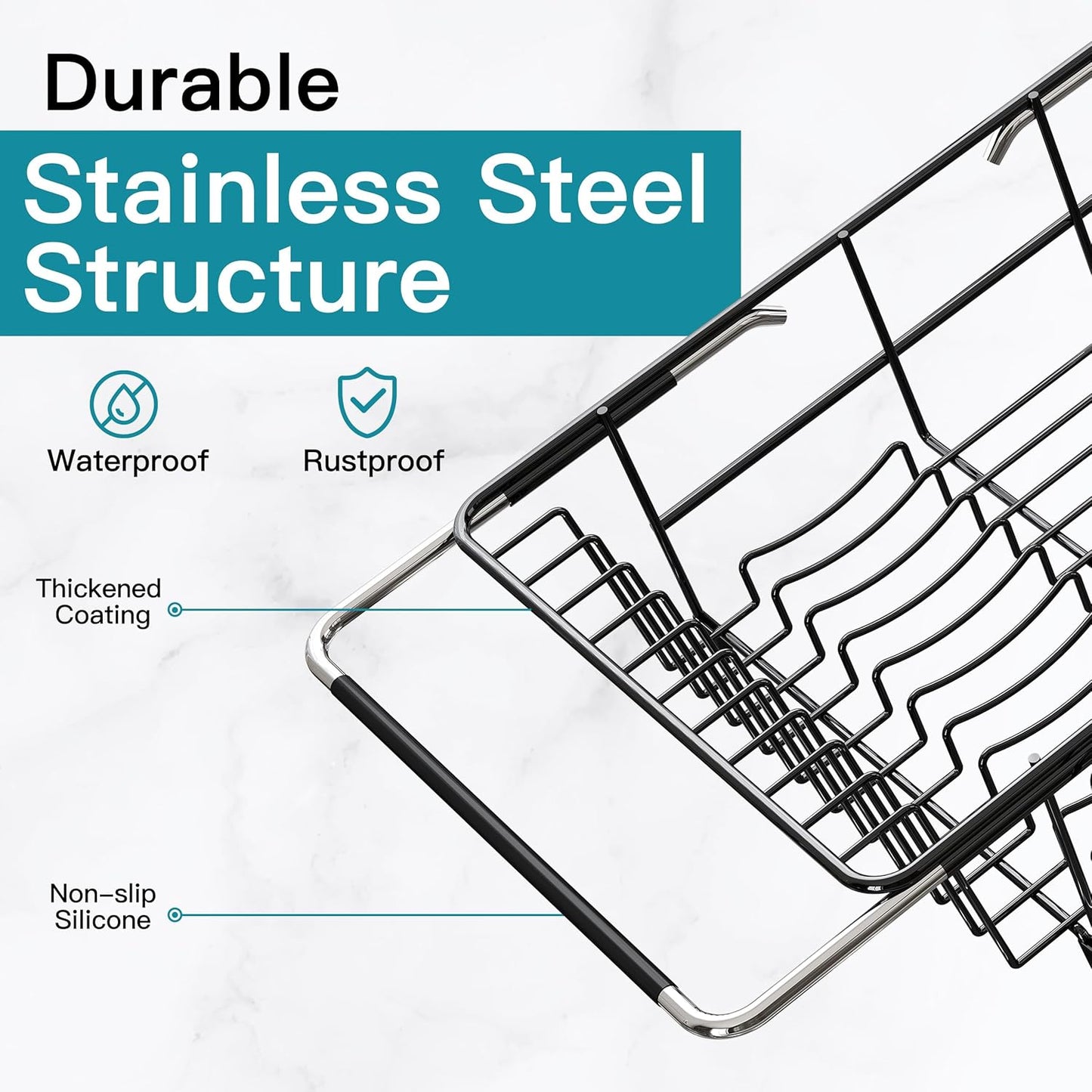 JASIWAY Roll Up Dish Drying Rack, Expandable (12.8"-23.8" D x 12.8" W) Stainless Steel Portable Drainer for Kitchen Sink Counter, Foldable Over The Sink Cover with Removable Utensil Holder