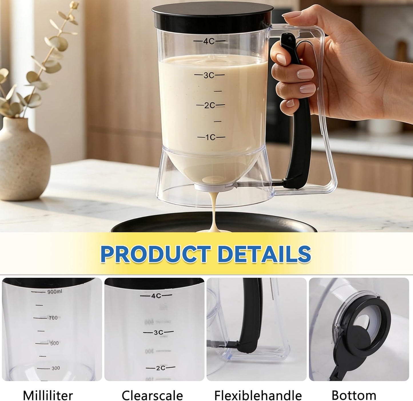 Pancake Batter Dispenser 4-Cup Batter Dispenser with Squeeze Handle & Measuring Marks Kitchen Must Have Tool for Pancakes, Cupcake, Waffle, Muffin Mix, Cake & Crepe,Baking Tool