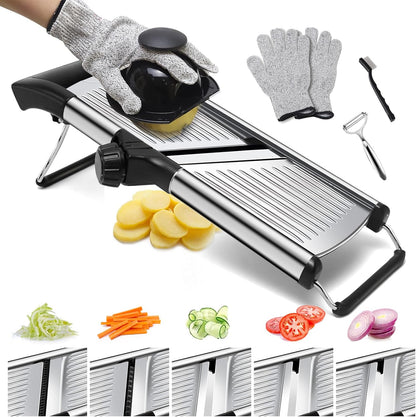 Mandoline slicer, Stainless Steel adjustable Mandoline vegetable slicer, mandoline for kitchen, Vegetable Cutter potato,onion,cucumber slicer, with paring knife, brush and cutproof gloves