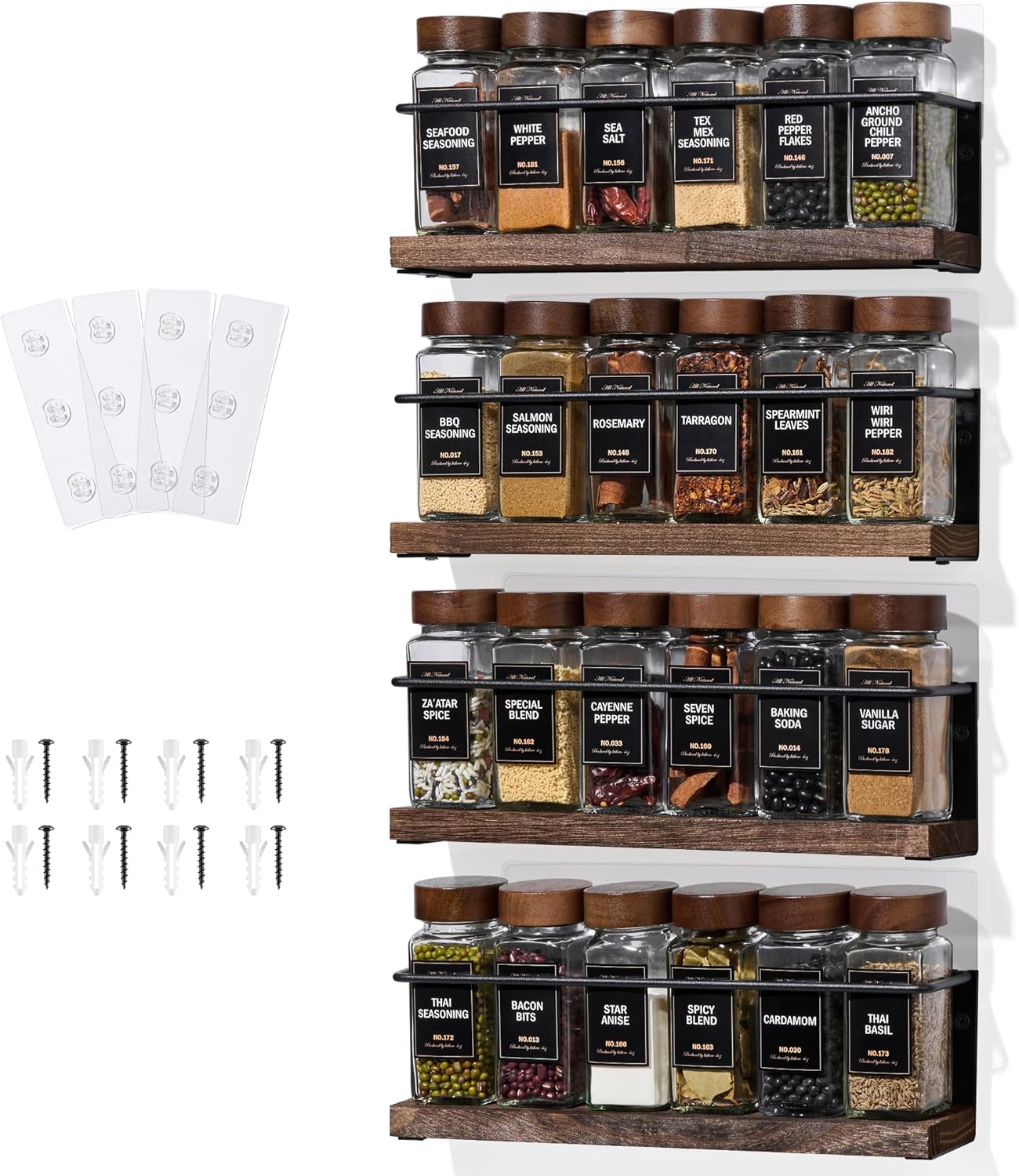 4-Tier Wall Mount Spice Rack Organizer with 24 Glass Jars, 216 Labels & Funnel - Screw/Adhesive Mount, Black Metal & Wood Spice Storage for Kitchen Pantry Cabinet, 11.6”W x 2.4”D x 3.2”H