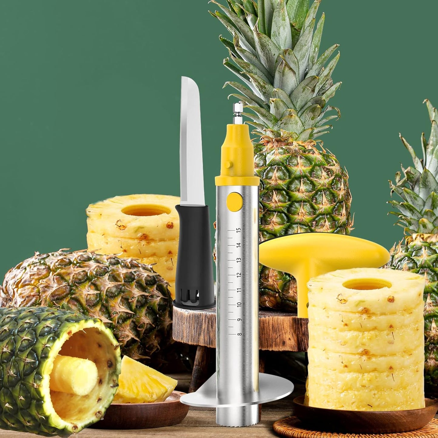Newness Pineapple Corer with Knife, [Upgraded, Electric & Manual] Stainless Steel Fruit Pineapple Cutter with Electric Drill Accessory, Pineapple Slicer Remover Kitchen Tool with Measure Mark, Yellow