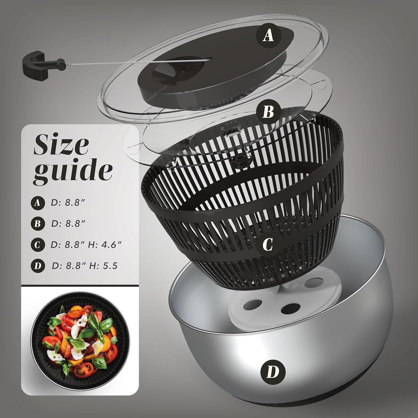 COOK WITH COLOR Stainless Steel Salad Spinner - 5 Qt. Lettuce Washer And Vegetable Spinner Dryer for Easy Salad Prep - Non Slip Base with Pull Handle - Auto Stop Brake System, Stain and Odor Resistant