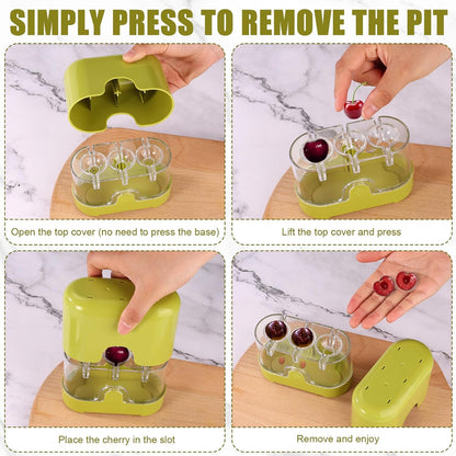 3-in-1 Cherry Pitter and Slicer Tool, Portable Fruit Corer with Ergonomic Press Design Removes Pits from 3 Cherries at Once Time-Saving Cherry Core Remover for Jam Baking & Kitchen Use (Green)