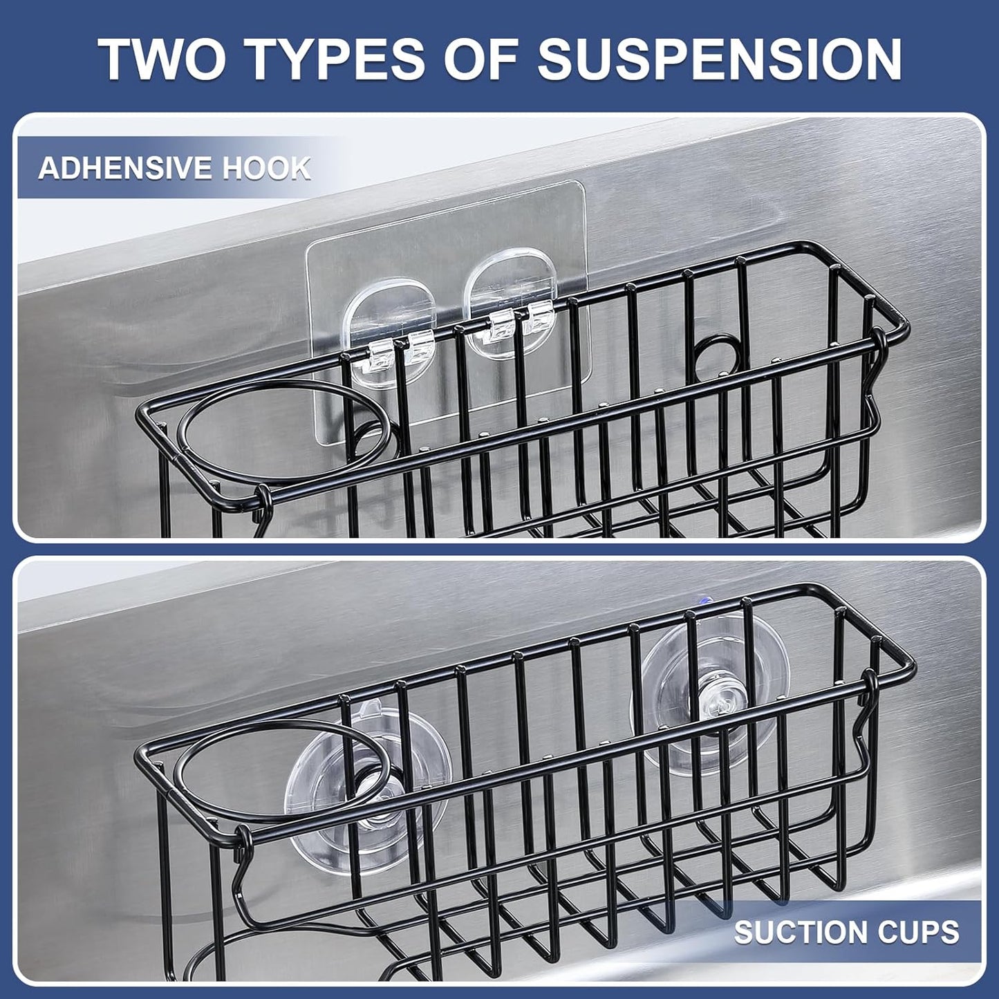 3-In-1 Sponge Holder for Kitchen Sink with Suction Cups & Adhesive Hook , In-sink Sponge Holder, Wall Hanging Sink Caddy Organizer Rack - Sponge, Dish Cloth, Brush, Scrubber - 304 Stainless Steel
