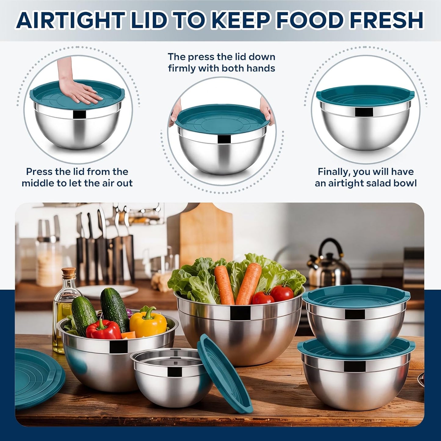 E-far Mixing Bowls with Lids, 6-Piece Stainless Steel Salad Bowls Metal Nesting Bowls for Baking Cooking and Prepping, Airtight Lids & Stackable Design, Size 4.5, 3, 1.5 QT (Black)