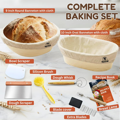 EROIR 13" Danish Dough Whisk Bread Lame Bowl Scraper Set - Dutch Sourdough Whisk Double Eye, Dough Scraper, Bread Scorer with 10 Blades and Leather Cover