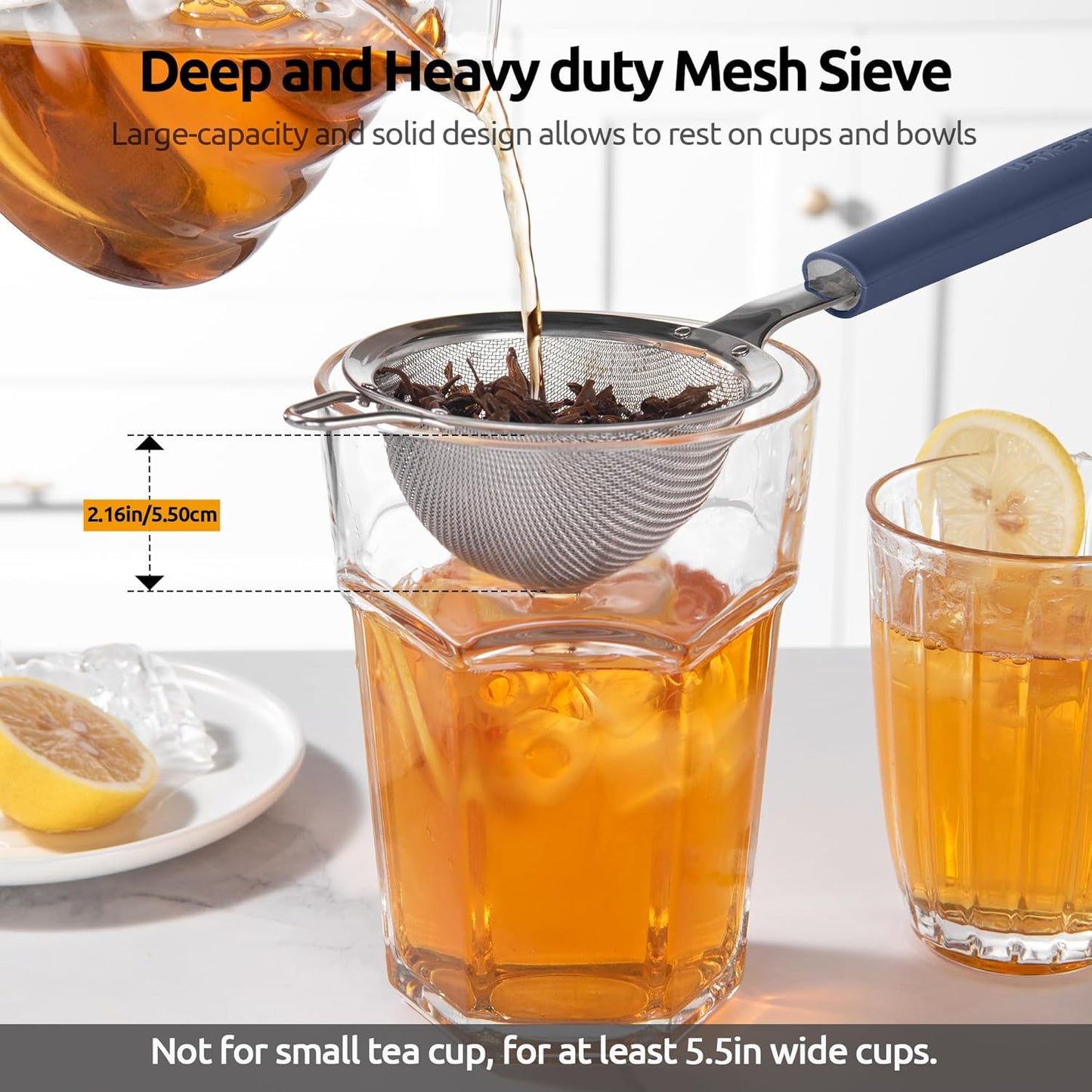 U-Taste Medium Fine Mesh Strainer: 18/8 Stainless Steel 4.73in 30 Mesh Kitchen Food Sieve with Sturdy Riveted Silicone Handle, Heavy Duty Deep Handheld Metal Colander for Rice, Quinoa, Flour (Black)