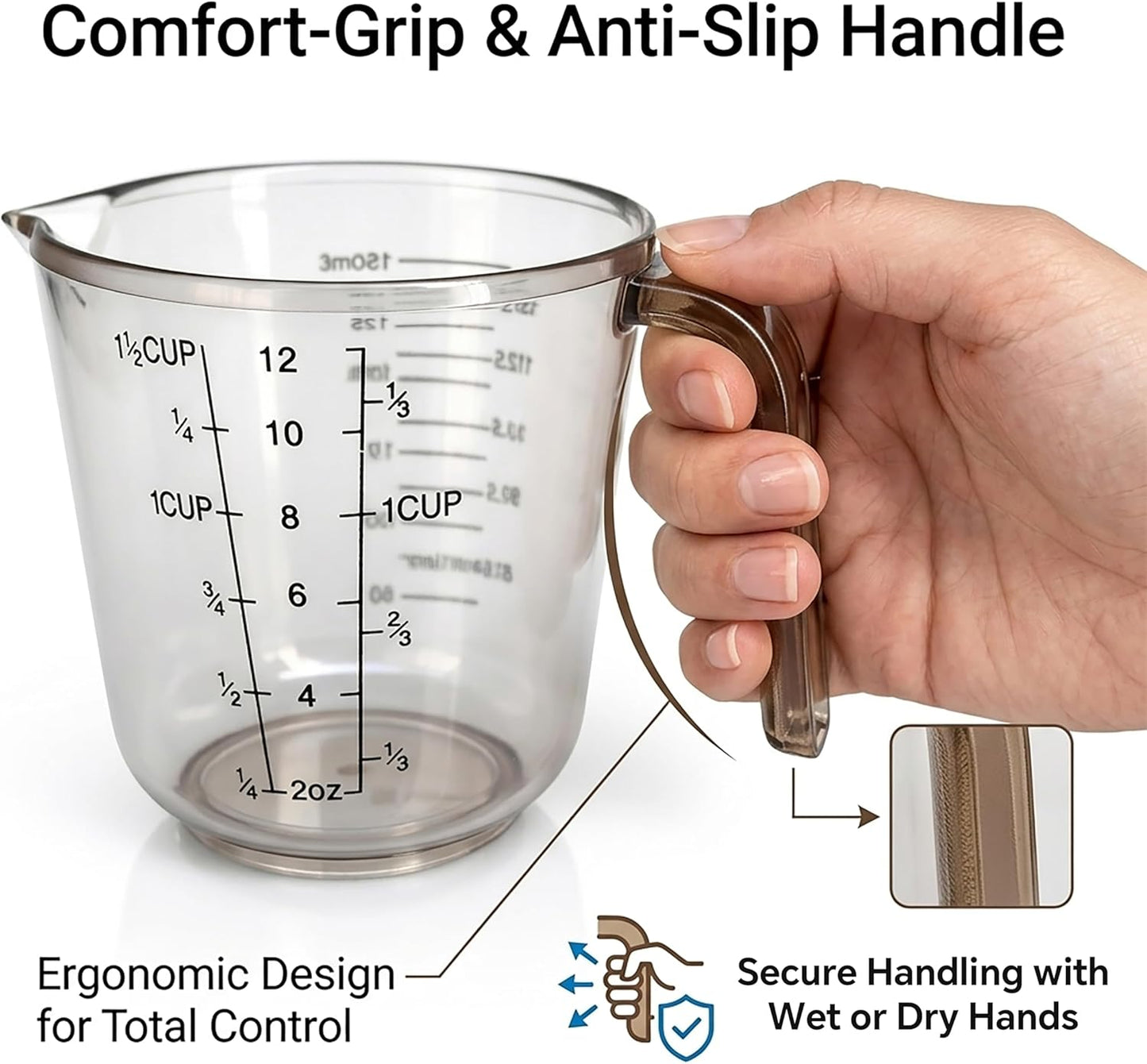 Measuring Cups Set, 3PCS with Pour Spout & Handle, Multi-Scale (cup | oz | ml) Stackable Liquid & Dry Plastic Measuring Tools for Baking Cooking, Essential Kitchen Gadgets (Coffee Brown)