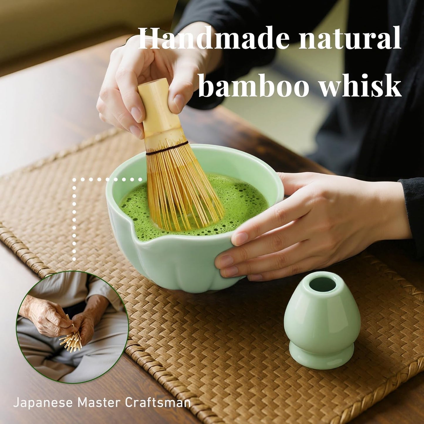Renmxj Matcha Whisk Set,7 PCS Ceramic Matcha Kit Includes Matcha Bowl with Spout, Matcha Whisk and Holder, Bamboo Scoop, Stainless Sifter, Tea Towel, Unique Gift for Matcha Lovers (Pink)