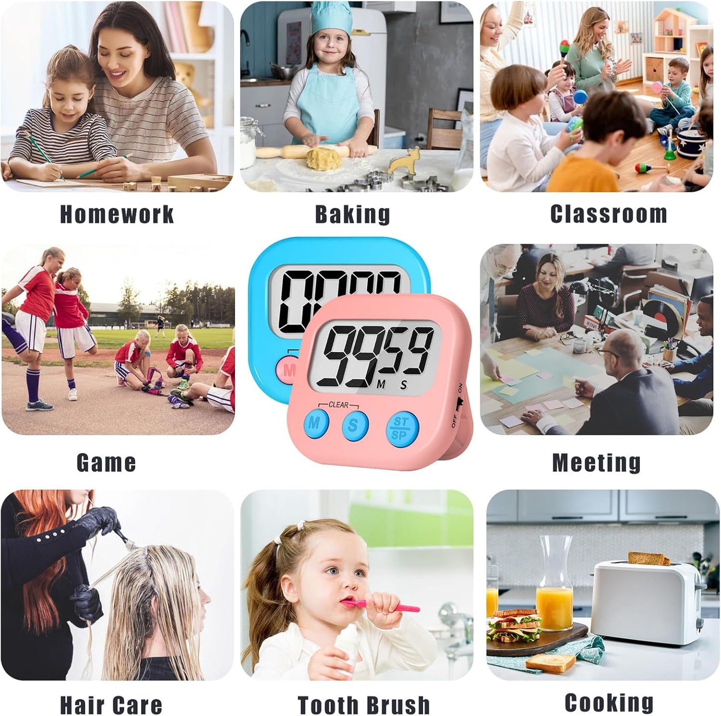 ZILLEEN Kitchen Timer Digital with Magnetic Back for Kids Classroom, White 6 Pack