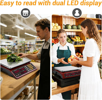 Commercial Food Scale 66lb/30kg, High Precision Digital Price Computing Scale for Farmers Marke, Deli, Dual Backlit LCD Display, Stainless Steel Platform, Rechargeable Battery for Produce Meat