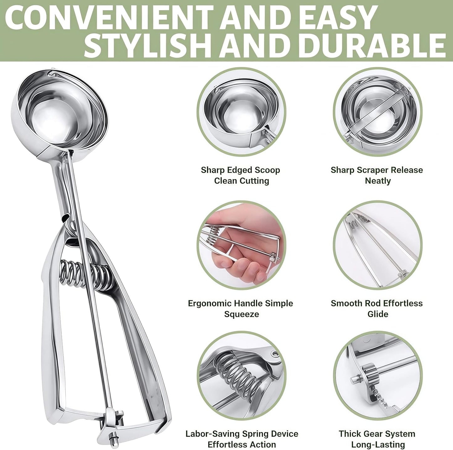 6-Piece Stainless Steel Cookie Scoop Set, 3 Sizes Ice Cream Scoop with Trigger Release, Portion Scoops for Baking, Cookie Dough, Meatballs, Melon Balls, Cupcakes, Desserts and Kitchen Prep