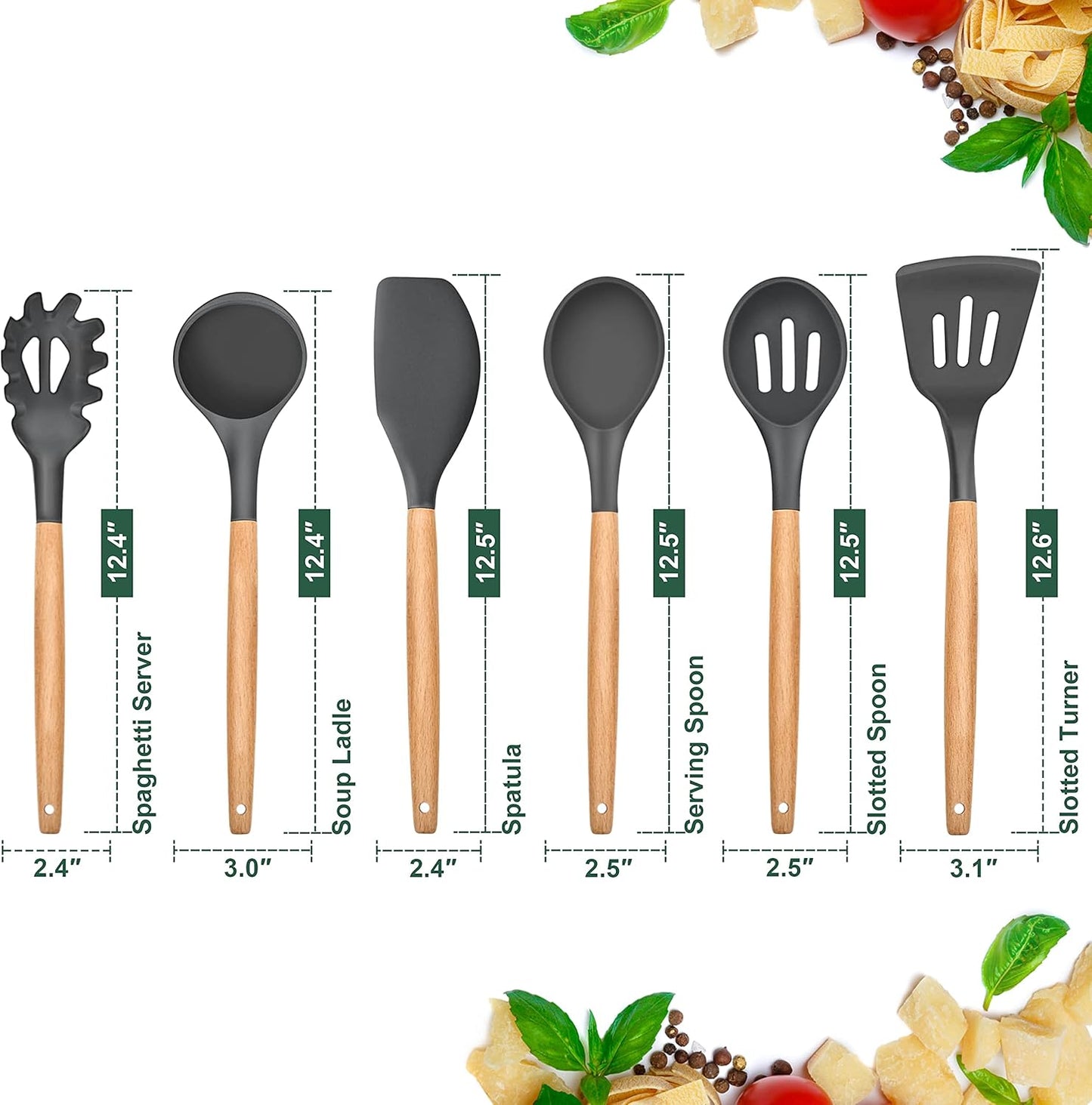 E-far Cooking Utensils Set of 6, Silicone Kitchen Utensils with Wooden Handle, Non-stick Cookware Friendly & Heat Resistant, Includes Spatula/Ladle/Slotted Turner/Serving Spoon/Spaghetti Server(Khaki)