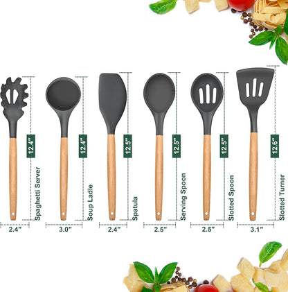 E-far Cooking Utensils Set of 6, Silicone Kitchen Utensils with Wooden Handle, Non-stick Cookware Friendly & Heat Resistant, Includes Spatula/Ladle/Slotted Turner/Serving Spoon/Spaghetti Server(Khaki)