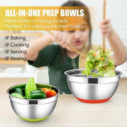 E-far Stainless Steel Mixing Bowls with Lids Set, 5-Piece Nesting Salad Bowls with 3 Grater Attachments and Non-Slip Bottoms, Size 4.6, 2.6, 2, 1.5, 1QT for Kitchen (Black)