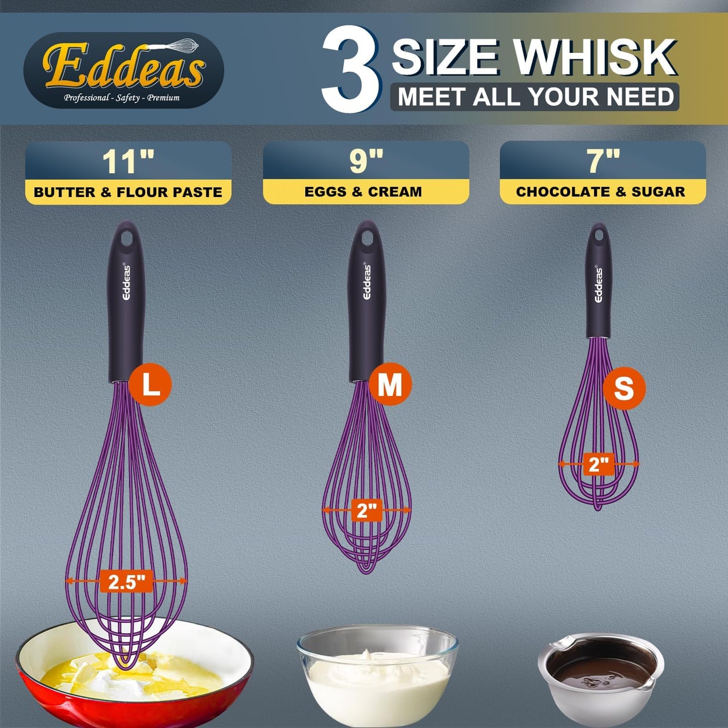 Whisks For Cooking - 500 °F Heat Resistant Silicone Whisk, Heavy Duty 7",9"&11inch Non-Scratch Balloon Kitchen Wisk tool Set, for cooking Wisking, Blending, Beating, Stirring, 3 Piece Black