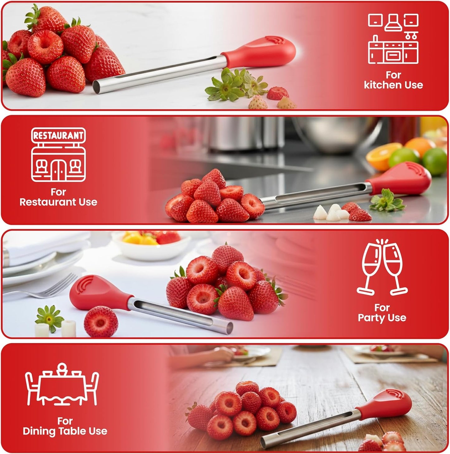 Iconikal 2-Pack Strawberry Huller and Pitter, Stainless Steel Core Remover, 5-inch, Red Handle