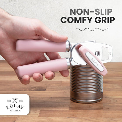 Zulay Kitchen Heavy Duty Stainless Steel Can Opener Manual with Bottle Opener - Rust Proof Manual Can Opener With Turn Knob & Comfy Soft Grip Handles - Cherry Red - Colors A