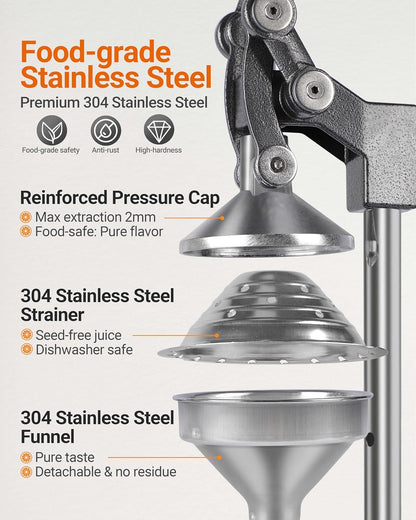 Heavy Duty Cast Iron Manual Juicer, Professional Citrus Press Squeezer for Orange, Pomegranate, Lemon & Lime, Commercial Hand Press Juicer with 304 Stainless Steel Cup