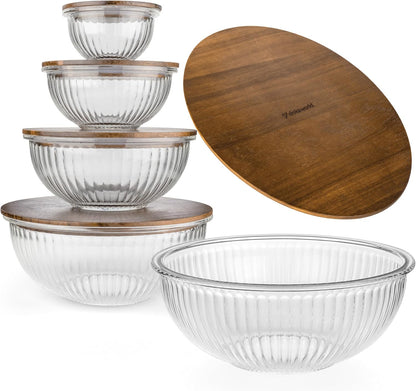 Set of 5 Nesting Glass Bowls with New Updated Acacia Lids for Foodprep, Storage, Mixing & Cooking - Microwave & Oven-ready BPA Free Durable Heat Resistant Inert Borosilicate Glass