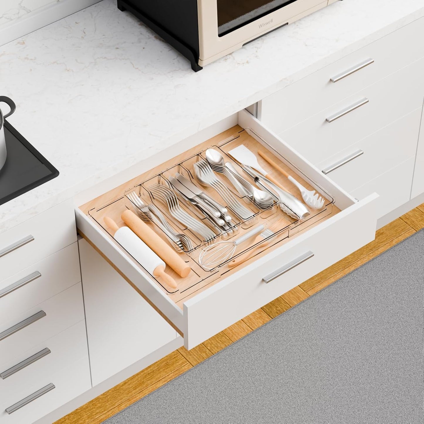Yieach Clear Expandable Silverware Drawer Organizer,9.4-15.6In Adjustable Silverware Tray for Drawer,Acrylic Kitchen Utensil Drawer Organizer for Cutlery,Flatware Organizers and Fork and Spoon Holder