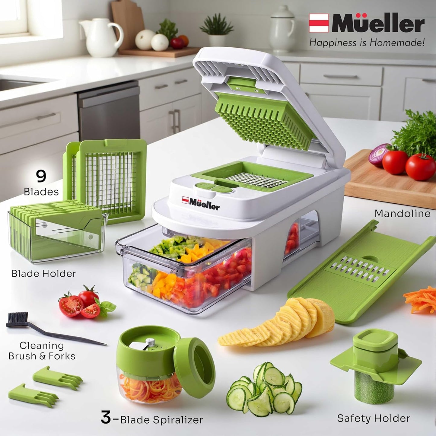 Mueller Pro-Series 10-in-1, 8 Blade Vegetable Chopper, Onion Mincer, Cutter, Dicer, Egg Slicer with Container, French Fry Cutter Potato Slicer, Home Essentials, Salad Chopper White Sand/Green