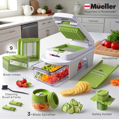 Mueller Pro-Series 10-in-1, 8 Blade Vegetable Chopper, Onion Mincer, Cutter, Dicer, Egg Slicer with Container, French Fry Cutter Potato Slicer, Home Essentials, Salad Chopper White Sand/Green
